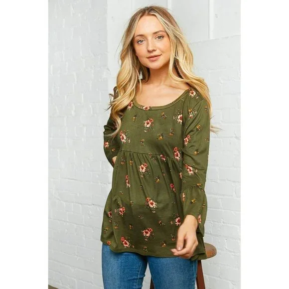Olive Floral Bell Sleeve Babydoll Peplum Top - Picture 7 of 11